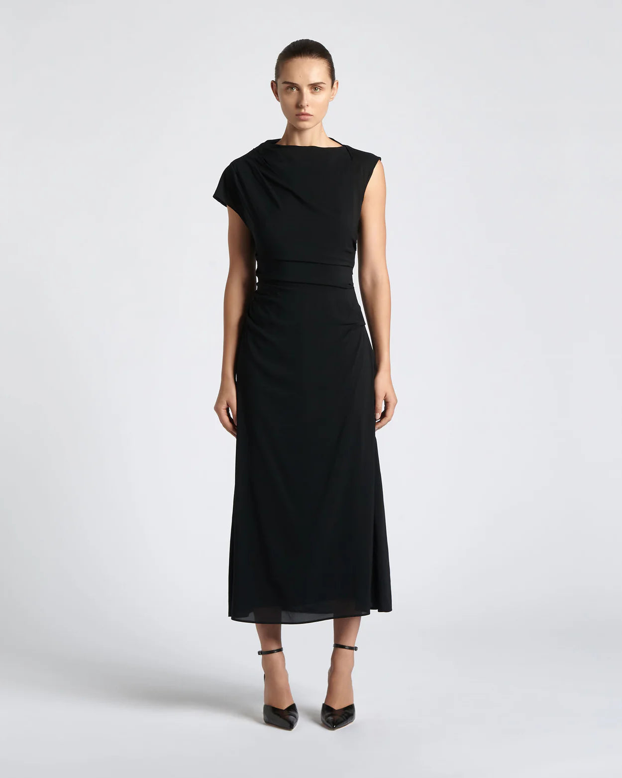 Asymmetric Draped Midi Dress Cue 