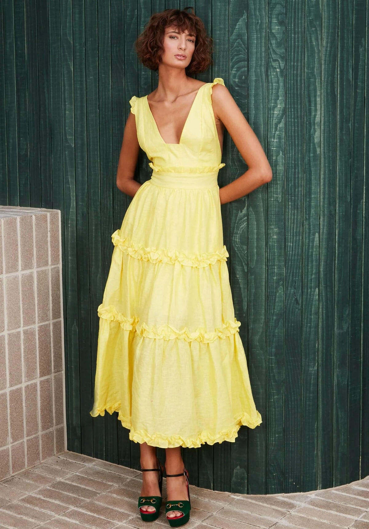 Linen Ruffle Dress - Lemon Yellow Clothing Mackenzie Mode 