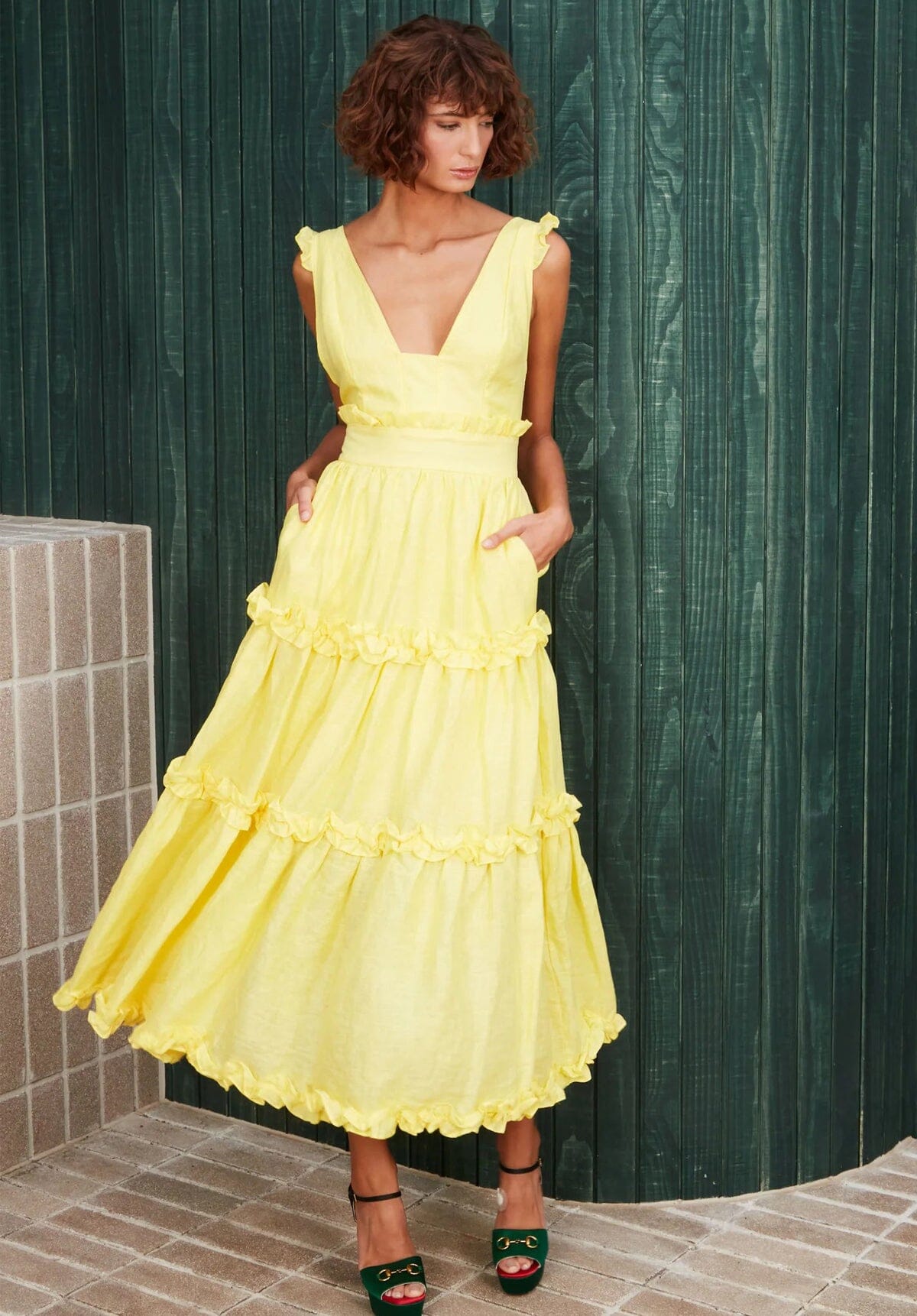 Linen Ruffle Dress - Lemon Yellow Clothing Mackenzie Mode 