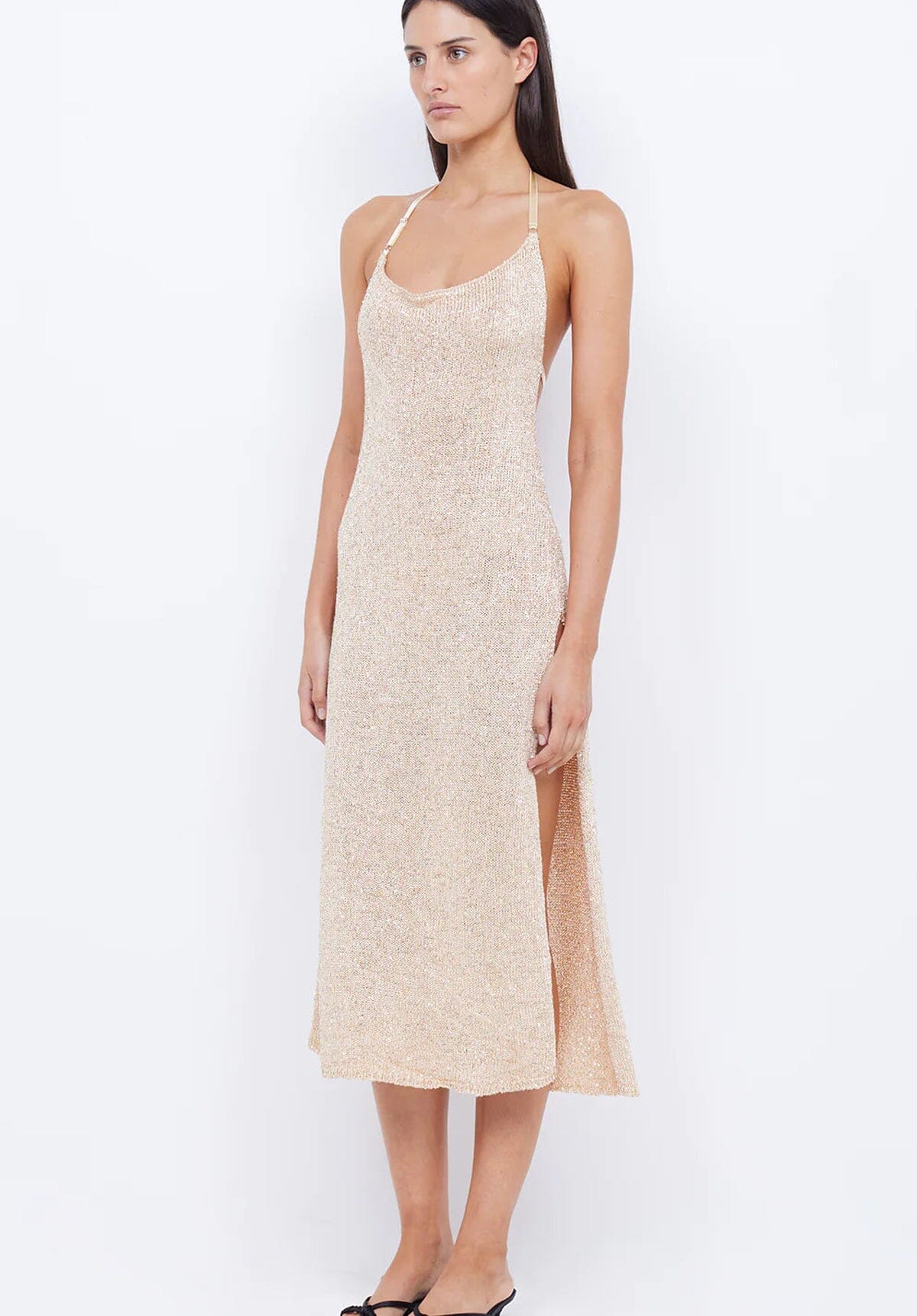 Sadie Split Knit Midi Dress Gold Clothing Bec and Bridge 