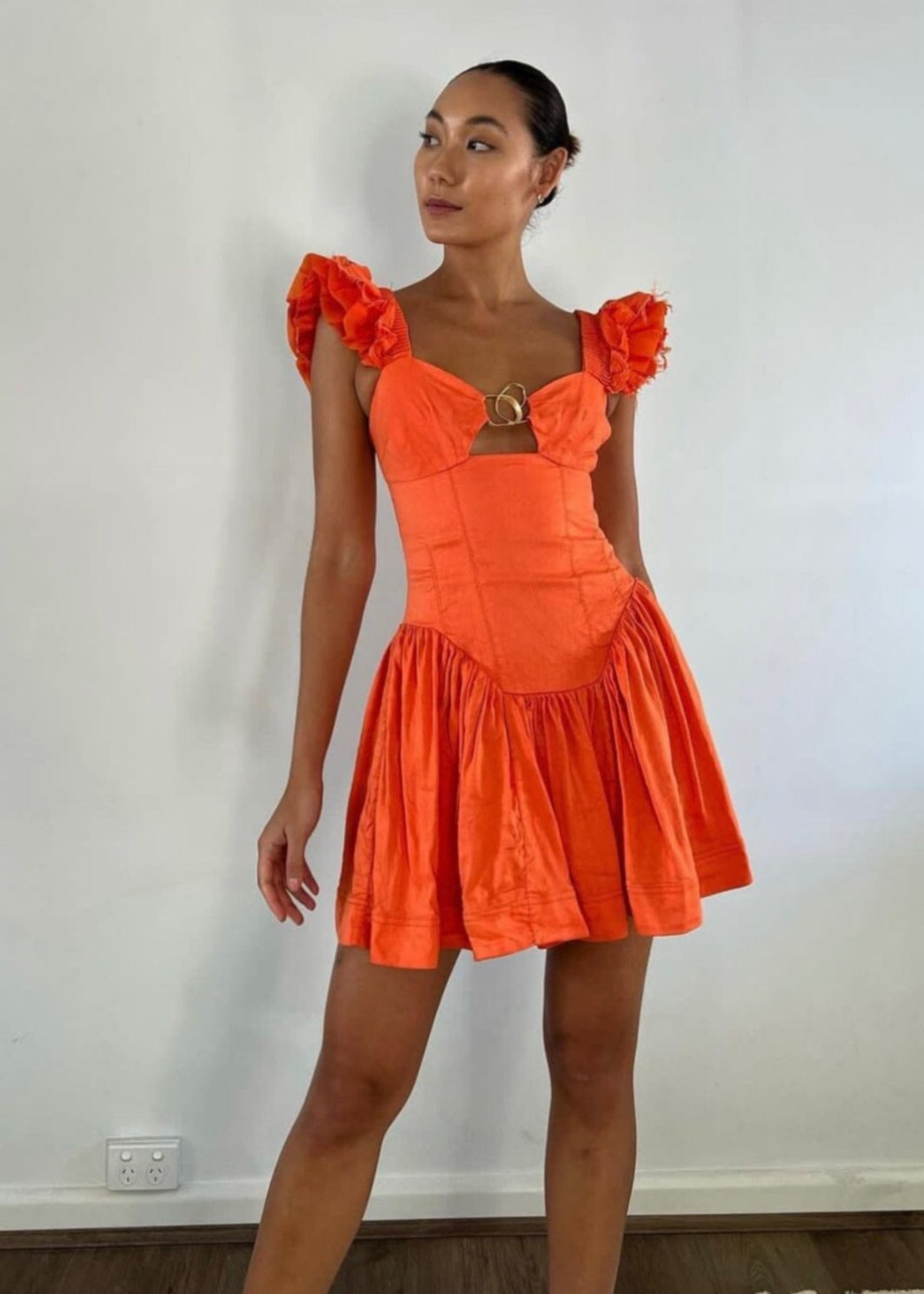 Simone Frill Sleeve Mini - Orange Clothing Aje 