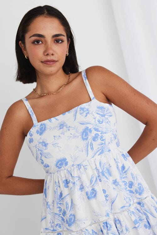 Universe Blue Floral Tie Back Tiered Strappy Maxi Dress - Blue Dresses Ivy + Jack 